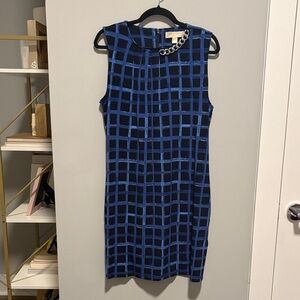 Michael Kors Blue Grid Pattern Sleeveless Dress with Silver Chain Detail